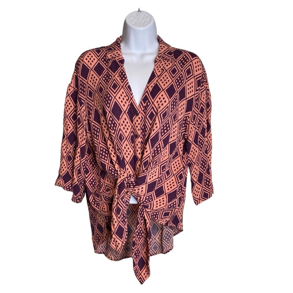 Anthropologie Porridge Womens Geometric Tie Front Blouse Size XS‎ Oversized Boho